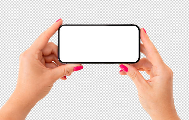 istock Mobile phone mockup. Woman holding phone in hand both hands. 1448684439