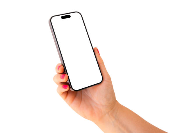 istock Mobile phone mockup. Person holding phone with empty blank screen, isolated on white background. 1448684444