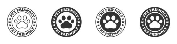 Pet friendly icon. Pet paw logo with pet friendly text. Vector illustration. Pet friendly icon. Pet paw logo with pet friendly text. Vector illustration cheerful stock illustrations
