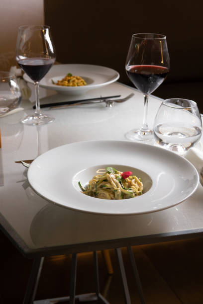 istock Plate of zucchini spaghetti on the table in the restaurant 1448686887