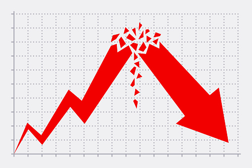 Business graph with red arrow broken and falling down. Concept of sharp decline after active rapid excessive growth. Economic and financial issues, progress and regress, business analytics