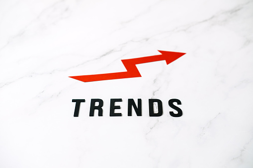 Ecommerce Trends. Marketing, supply chain, commerce strategy and technology. Trends and insights in ecommerce industry. Word trends and red arrow in open notebook.