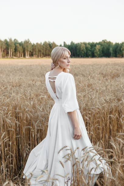 A blonde woman in a long white dress walks in a wheat field. The concept of a wedding and walking in nature stock photo