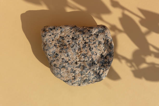 istock Abstract empty podium made of multicolored stone on a beige background with leaves shadows. Showcase for product promotion, beauty, natural eco cosmetic. Top view. 1448691529