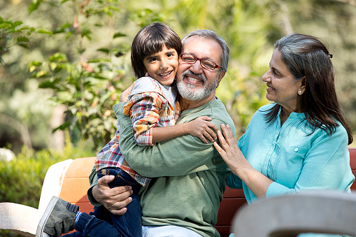 Cheerful Indian senior grandparents having fun with grandson while sitting on bench against plants in park during weekend