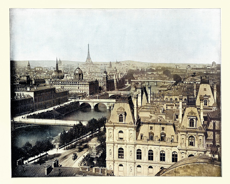 Antique colourised photograph of Cityscape of Paris, France, Eiffel Tower in distance, 19th Century