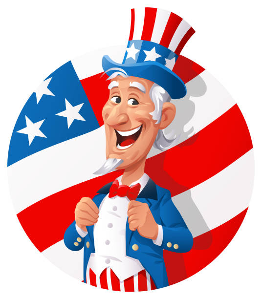 Uncle Sam In Front Of U.S. Flag Vector illustration of a cheerful and proud Uncle Sam standing in front of the American flag. political joke stock illustrations