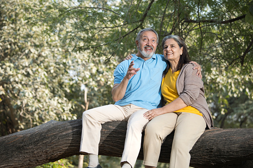 Low angle view of happy Indian senior couple sitting and talking on log while enjoying leisure time together in park against trees