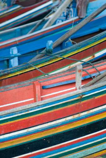 Colorful pattern of boats in fisherman village in Sabak, Kelantan, Malaysia.
