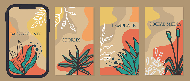 Social media stories and Main Feed cover. Background template  Tropical line art , floral and leaves in warm earth tone vector illustration.