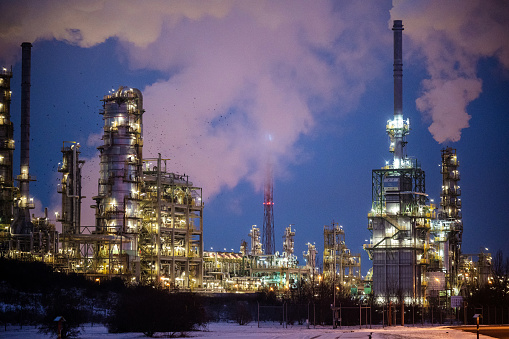 Oil refinery in Germany at night in winter.