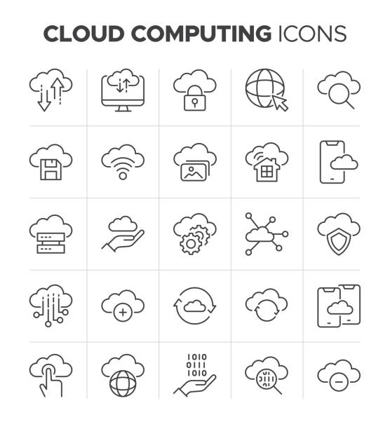 Cloud Computing Line Icon Set - Hosting, File Storage, Cloud Data and Web Server Symbols Cloud Computing Icon Set is a collection of graphical symbols that represent various elements of cloud computing. These icons can be used in various visual presentations or user interfaces to help explain complex concepts or processes related to cloud computing in a simple and intuitive way. The icons in the set may include symbols for cloud storage, cloud computing infrastructure, cloud-based services, cloud networking, and other related concepts. devops-icon stock illustrations