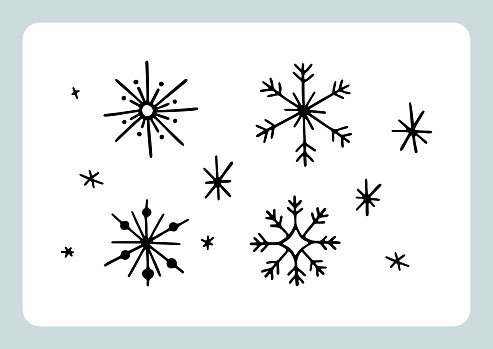 Hand drawn Christmas snowflakes isolated on white. Winter decorative elements for Christmas design, prints, posters. Various linear vector snowflakes. New Year celebration set in doodle style