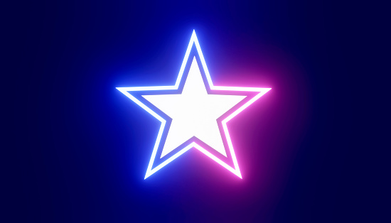 Neon star frame or neon lights sign.  Geometric glow outline star shape, laser glowing lines. Abstract background with space for your text. Illustration