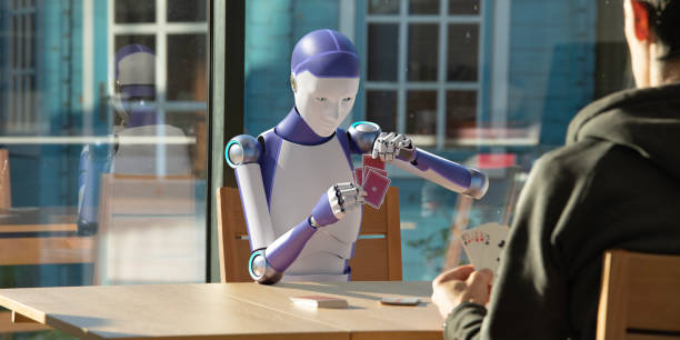 istock Home Robot Sitting And Playing Cards With Person 1448705321