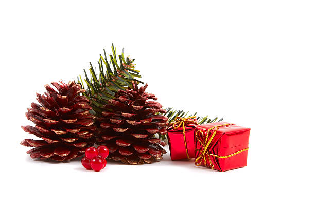 Christmas pine cones, presents stock photo