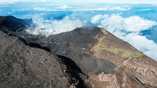 Aerial view of Mount Slamet or Gunung Slamet is an active stratovolcano in the Purbalingga Regency. Central Java, Indonesia. December 13, 2022