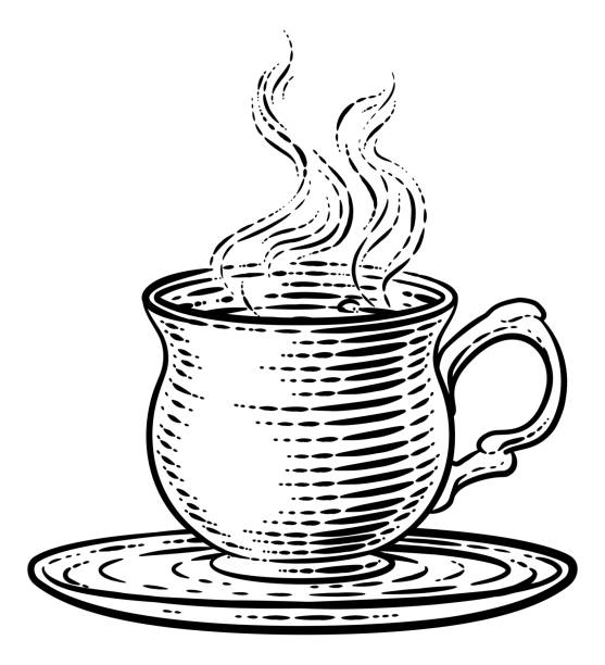 Coffee Tea Cup Hot Drink Mug Retro Woodcut Etching Coffee or tea cup hot drink mug in a vintage retro woodcut etching style. tea cup and saucer stock illustrations