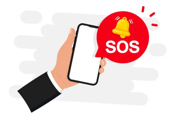 Vector illustration of SOS notification on screen phone. SOS emergency call in the phone. 911 call on screen smartphone. A cry for help. Calling for help Vector stock illustration