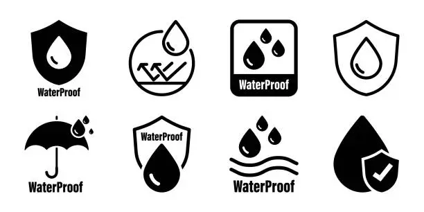 Vector illustration of Waterproof icons. Water Proof. Collection of water resistant signs. Water protection, liquid proof protection. Shield with water drop. Anti wetting material, hydrophobic fabric, surface protection
