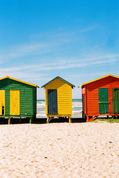 Colourful beach huts at muizenberg beach in Western Cape shot on 35mm film