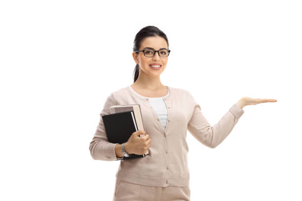 Young woman holding books and holding something imaginary with hand isolated on white background