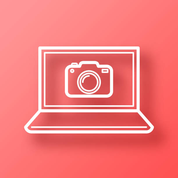 ilustrações de stock, clip art, desenhos animados e ícones de laptop with camera. icon on red background with shadow - conference call flash