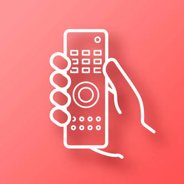 Vector illustration of Hand holding remote control. Icon on Red background with shadow