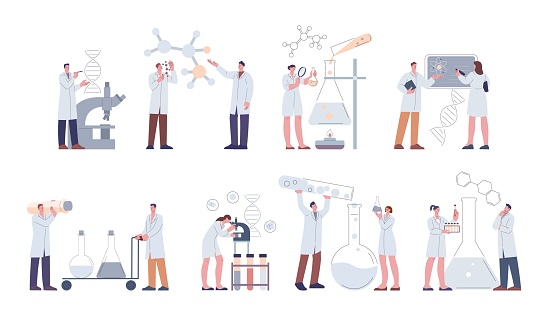 Research laboratory scientist working with equipment. Chemist lab, flat clinic science professionals. Biologist experience, kicky medical vector characters of research laboratory illustration