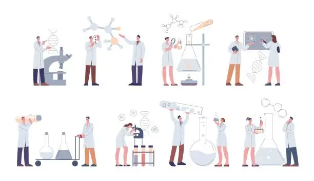 Vector illustration of Research laboratory scientist working with equipment. Chemist lab, flat clinic science professionals. Biologist experience, kicky medical vector characters
