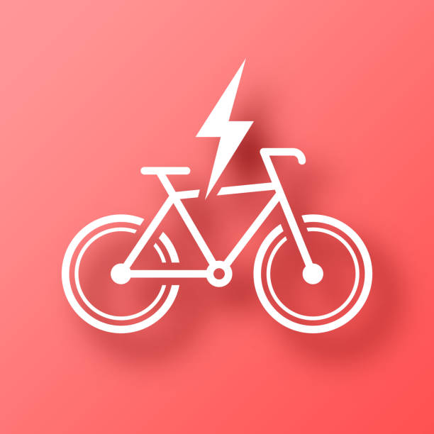 전기 자전거 담당. 그림자가 있는 빨간색 배경의 아이콘 - bicycle racing bicycle isolated red stock illustrations