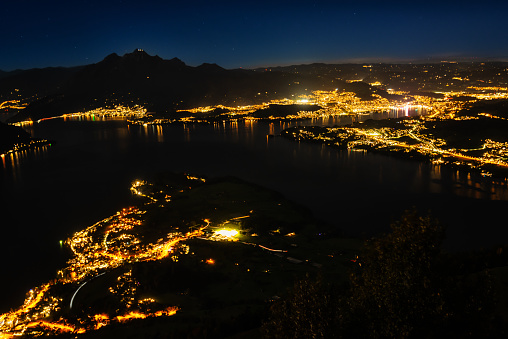 Lake Lucerne by night viewed from Mountain Rigi, Switzerland