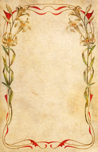 Close up of antique paper texture with Art Nouveau pattern border edge full frame.
