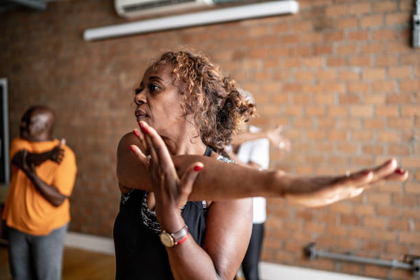 Senior women stretching in a exercise class