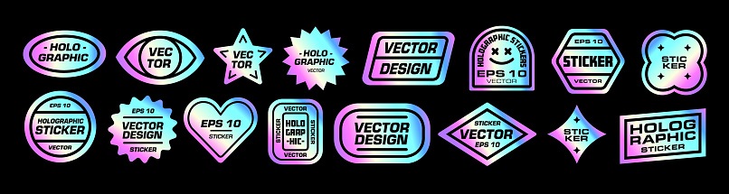 Holographic stickers. Hologram labels set. Vector patch collection.