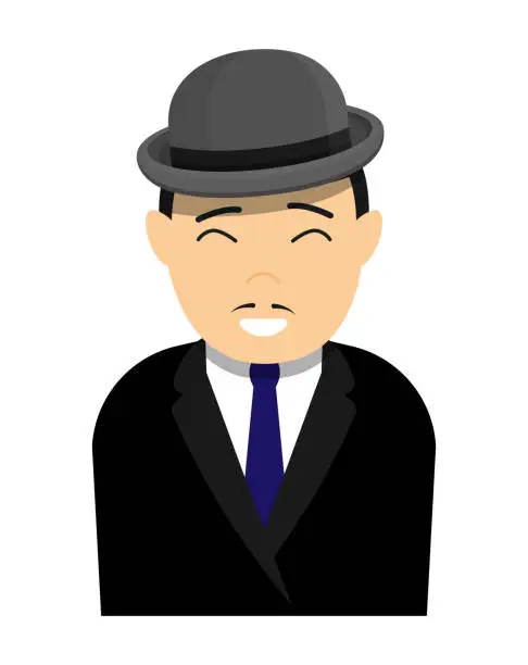 Vector illustration of Cheerful japanese asian gentleman in bowler hat and classic jacket with shirt and tie. Cartoon character. Color vector isolated on white background