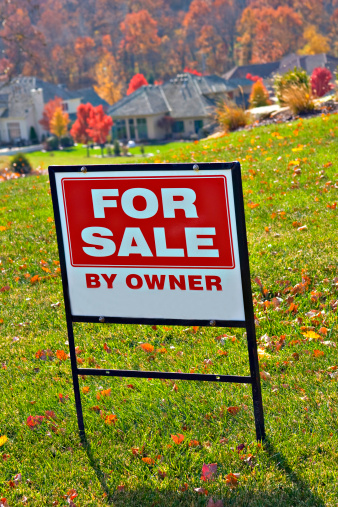 This is a picture of a for sale by owner sign standing in the yard of a house in a suburban neighborhood.  In the background you can see large houses and Fall trees.