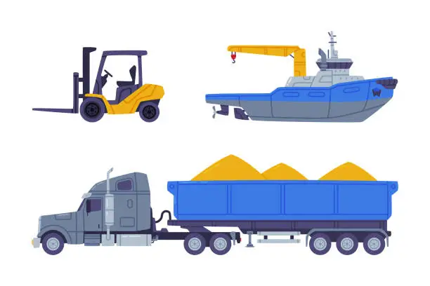 Vector illustration of Industrial cargo transport set. Loaded dump truck, forklift and cargo ship flat vector illustration