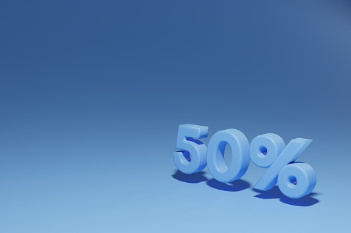 render of blue 50% discount lettering on blue background