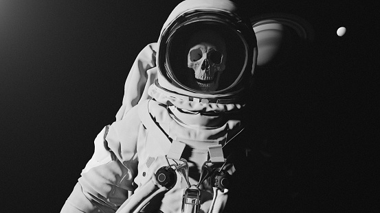 Astronaut Skull Dead Adrift Deep Space Exploration Sunlight Planet Moon Black an White Analogue Aesthetic Film Grain 3d illustration render