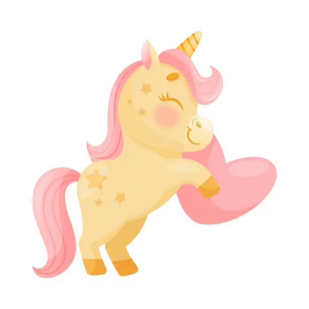 Vector illustration of Cute Unicorn with Twisted Horn and Pink Mane Standing on Hind Legs Vector Illustration