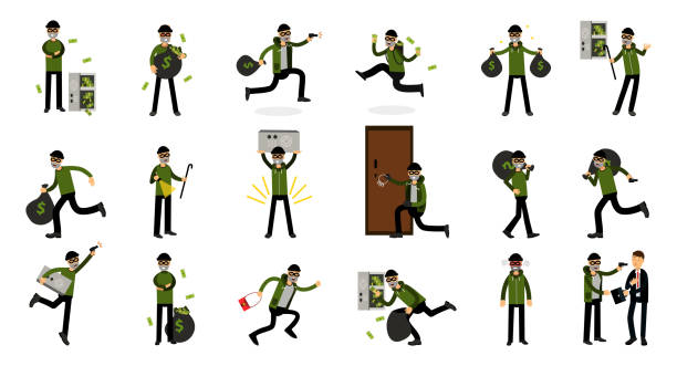 ilustrações de stock, clip art, desenhos animados e ícones de masked thief stealing money committing robbery and theft big vector set - night deposit box