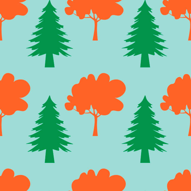 illustrazioni stock, clip art, cartoni animati e icone di tendenza di modello senza cuciture autunnale, albero del boschetto del parco forestale - forest grove tree autumn