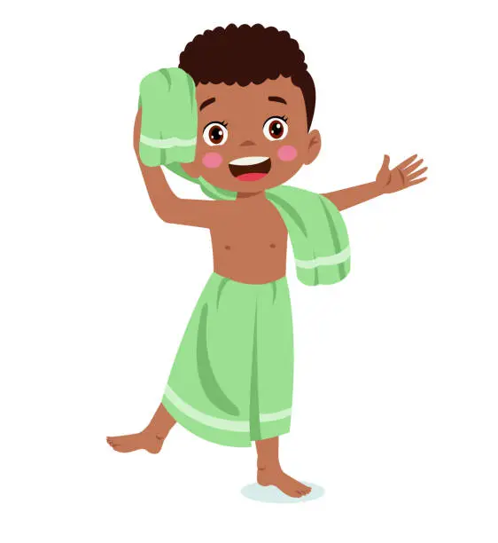 Vector illustration of Little boy wearing bathrobe standing with towel vector image