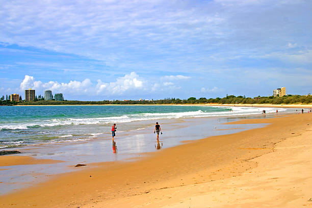 Beach at Sunshine Coast, Australia with expansive cloudy sky Mooloolaba, Sunshine Coast, Queensland, Australia sunshine coast australia stock pictures, royalty-free photos & images
