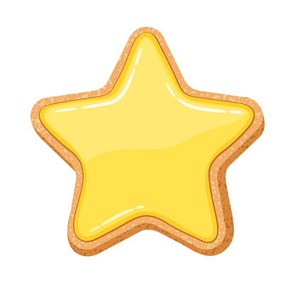 Gingerbread star glazed with yellow icing. Christmas home cooking. Shortbread bisquit with glossy glaze. Handmade bakery icon. Sweet Xmas snack cartoon vector illustration.