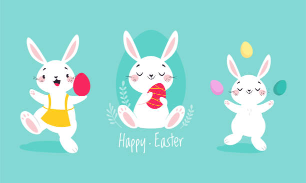 illustrations, cliparts, dessins animés et icônes de lapin de pâques blanc avec œuf coloré assis et jonglant sur un ensemble vectoriel de fond bleu - lapin de pâques