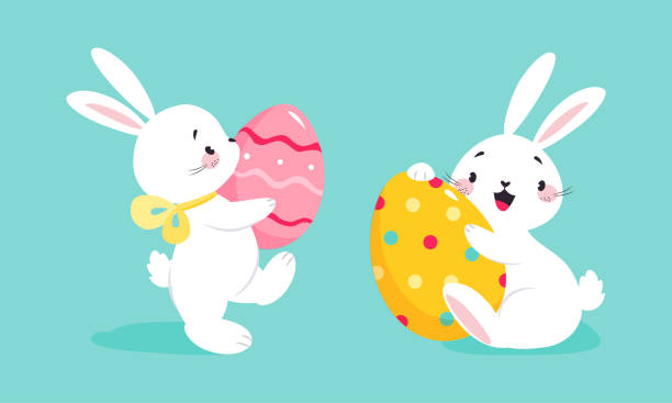 ilustraciones, imágenes clip art, dibujos animados e iconos de stock de conejito de pascua blanco que lleva y abraza un huevo colorido en un conjunto vectorial de fondo azul - conejo de pascua