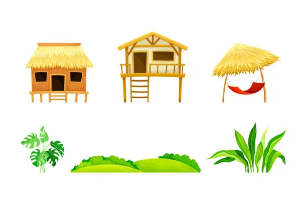 Vector illustration of Tropical Landscape Element with Hut, Green Exotic Foliage and Bush Vector Set