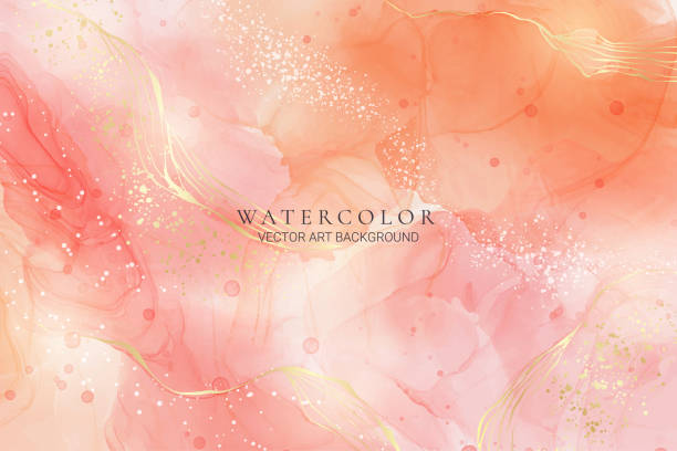 ilustrações de stock, clip art, desenhos animados e �ícones de rose pink liquid watercolor background with golden dots. dusty blush marble alcohol ink drawing effect. vector illustration design template for wedding invitation, menu, rsvp - coral pink abstract paint